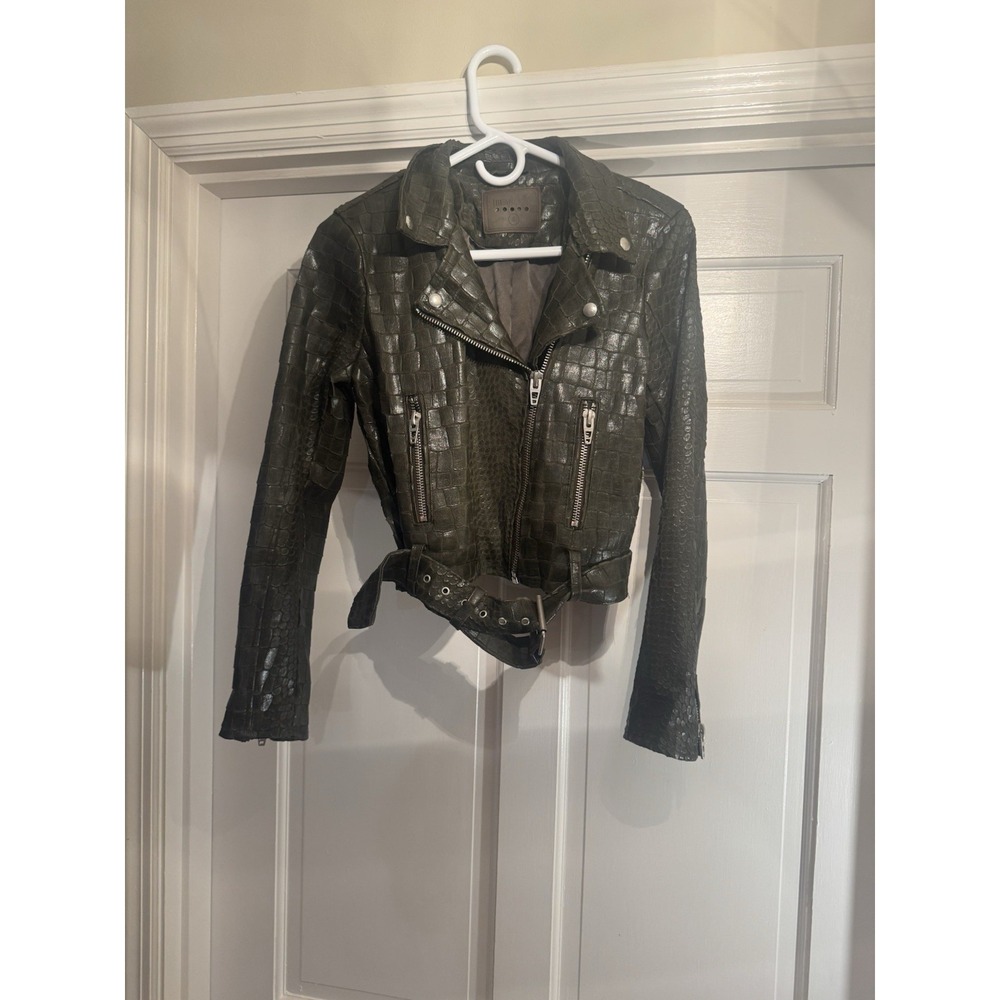 BLANKNYC Jacket Womens S Olive Crocodile Moto Biker Belted Asymmetrical